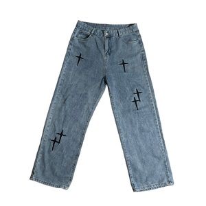 Retro Y2K Cross Embroidered Wide Leg Pants, Urban Streetwear Straight Jeans XL